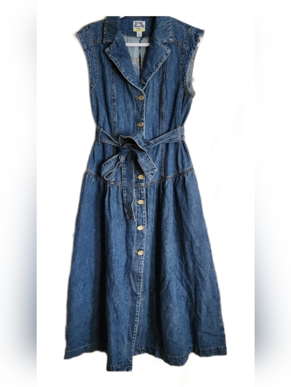 Sleeveless Blue Denim Midi Dress with Tie Waist